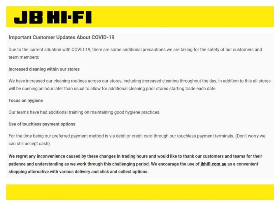 JB HiFi Customer Notice Coronavirus Catalogue AU