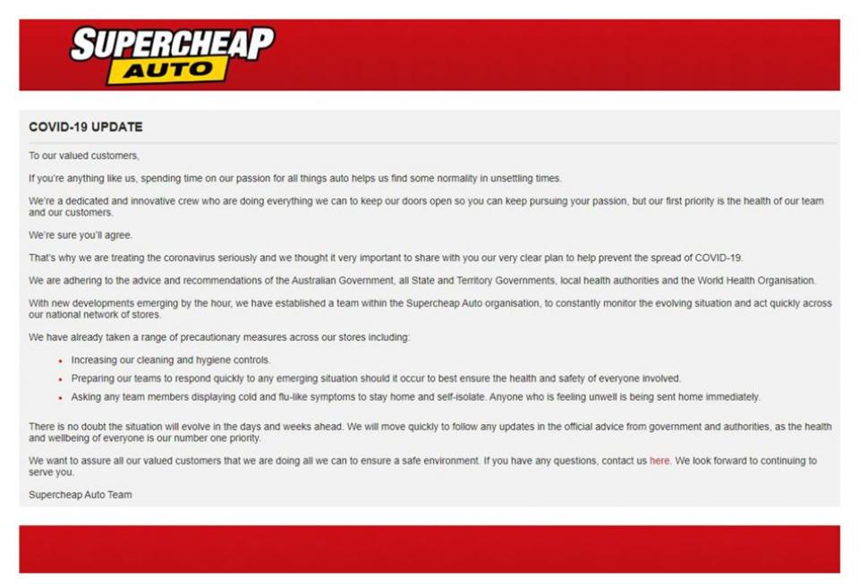 Supercheap Auto Coronavirus Customer Notice Catalogue AU